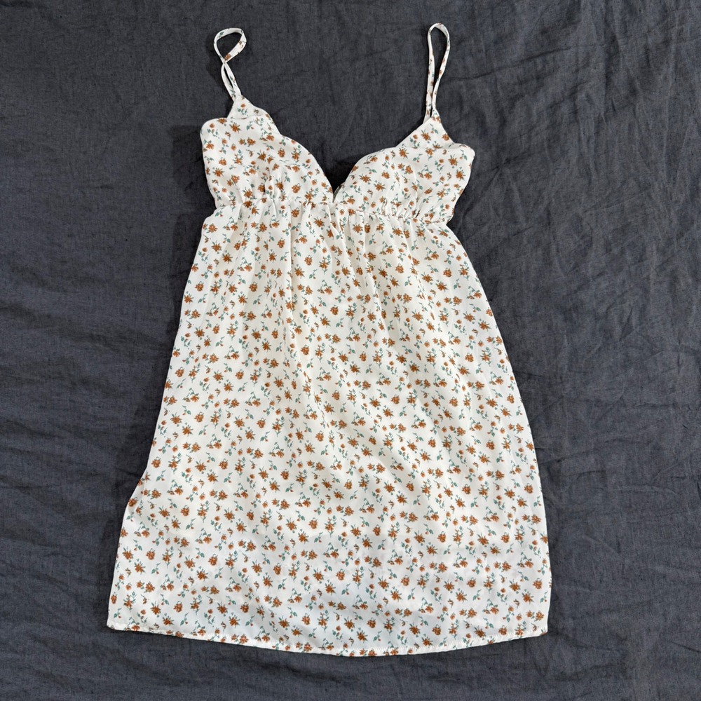 Princess Polly Floral Mini Dress Size 0 White Rust Orange Tie Back Boho Summer